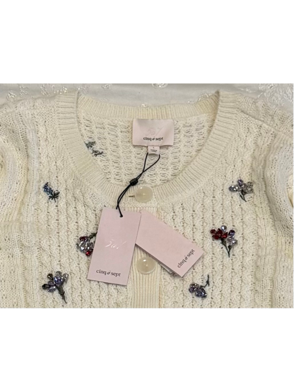 Cinq a Sept Rasa Embellished Cable Knit Cardigan Ivory Multi Size Large NWT - Picture 6 of 8